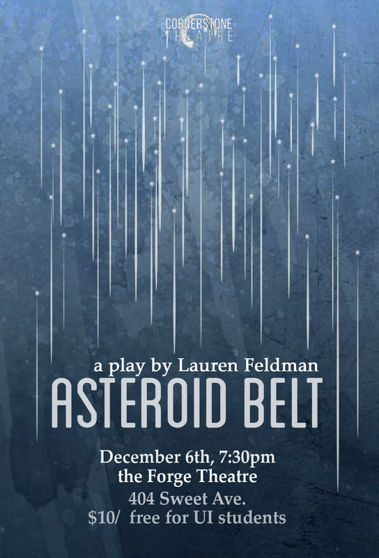 A poster for Asteroid Belt by Lauren Feldman, featuring a cloud of stars raining over a gray-blue watercolor background.